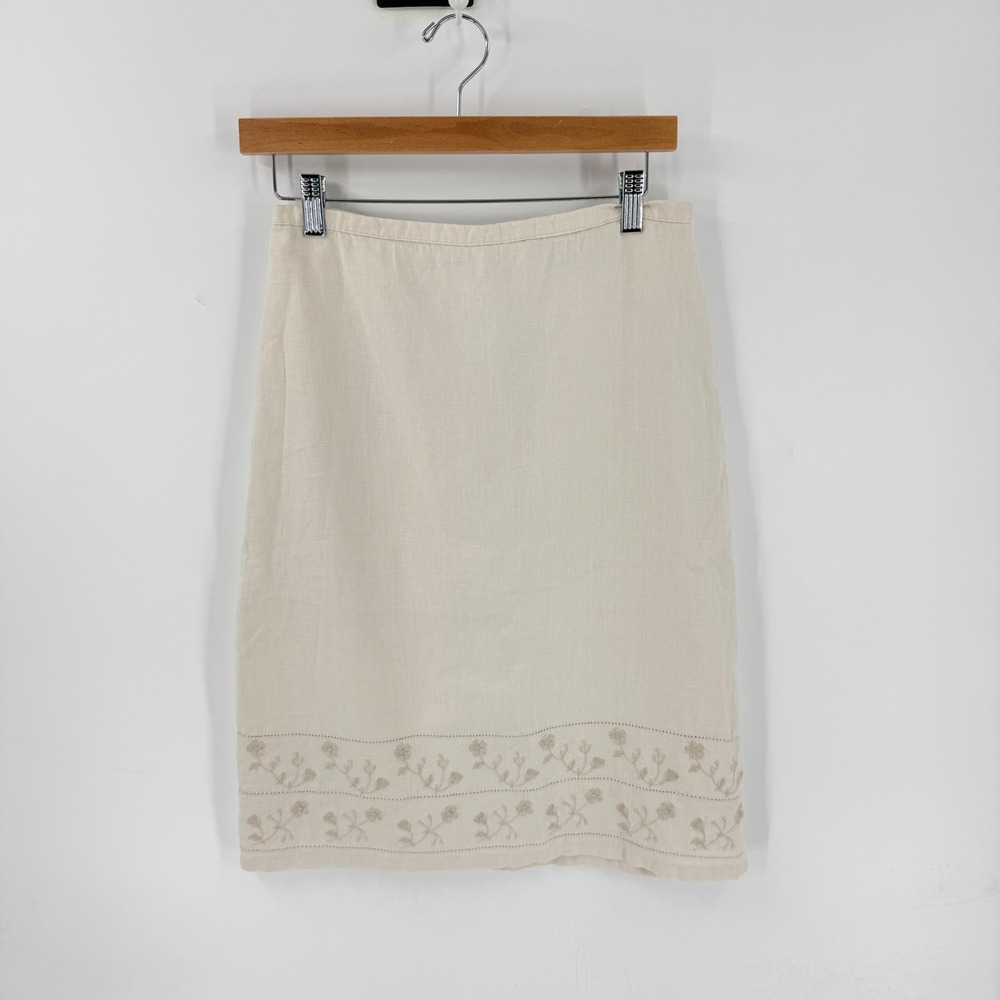True Y2K Old Navy 100% Linen Embroidered Skirt Beige 4 Cottagecore Summer Floral